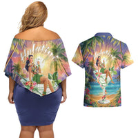 Aloha Hawaii Couples Matching Off Shoulder Short Dress and Hawaiian Shirt Hula Martini Tropical Vibes - Wonder Print Shop