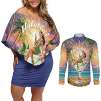Aloha Hawaii Couples Matching Off Shoulder Short Dress and Long Sleeve Button Shirt Hula Martini Tropical Vibes - Wonder Print Shop