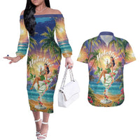 Aloha Hawaii Couples Matching Off The Shoulder Long Sleeve Dress and Hawaiian Shirt Hula Martini Tropical Vibes - Wonder Print Shop