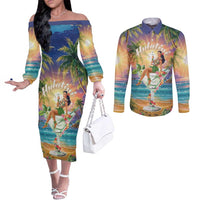 Aloha Hawaii Couples Matching Off The Shoulder Long Sleeve Dress and Long Sleeve Button Shirt Hula Martini Tropical Vibes - Wonder Print Shop