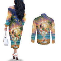 Aloha Hawaii Couples Matching Off The Shoulder Long Sleeve Dress and Long Sleeve Button Shirt Hula Martini Tropical Vibes - Wonder Print Shop