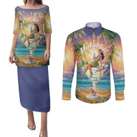 Aloha Hawaii Couples Matching Puletasi and Long Sleeve Button Shirt Hula Martini Tropical Vibes - Wonder Print Shop