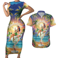 Aloha Hawaii Couples Matching Short Sleeve Bodycon Dress and Hawaiian Shirt Hula Martini Tropical Vibes - Wonder Print Shop