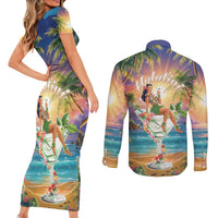 Aloha Hawaii Couples Matching Short Sleeve Bodycon Dress and Long Sleeve Button Shirt Hula Martini Tropical Vibes - Wonder Print Shop