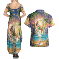 Aloha Hawaii Couples Matching Summer Maxi Dress and Hawaiian Shirt Hula Martini Tropical Vibes - Wonder Print Shop