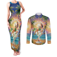 Aloha Hawaii Couples Matching Tank Maxi Dress and Long Sleeve Button Shirt Hula Martini Tropical Vibes - Wonder Print Shop