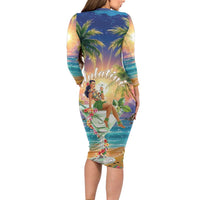 Aloha Hawaii Long Sleeve Bodycon Dress Hula Martini Tropical Vibes - Wonder Print Shop