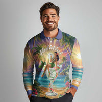Aloha Hawaii Long Sleeve Polo Shirt Hula Martini Tropical Vibes - Wonder Print Shop