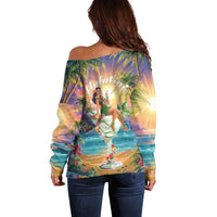 Aloha Hawaii Off Shoulder Sweater Hula Martini Tropical Vibes - Wonder Print Shop
