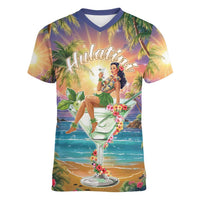 Aloha Hawaii Women V-Neck T-Shirt Hula Martini Tropical Vibes - Wonder Print Shop