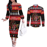 Merry Christmas Krampus Couples Matching Off The Shoulder Long Sleeve Dress and Long Sleeve Button Shirt Have You Been Good This Year