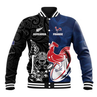 France And New Zealand Rugby Custom Baseball Jacket Les Bleus Rooster With Maori Tiki - Wonder Print Shop