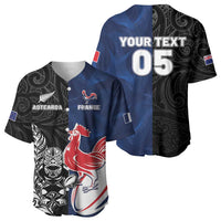 France And New Zealand Rugby Custom Baseball Jersey Les Bleus Rooster With Maori Tiki - Wonder Print Shop