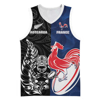 France And New Zealand Rugby Custom Basketball Jersey Les Bleus Rooster With Maori Tiki - Wonder Print Shop