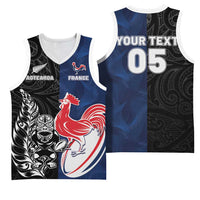 France And New Zealand Rugby Custom Basketball Jersey Les Bleus Rooster With Maori Tiki - Wonder Print Shop