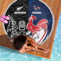 France And New Zealand Rugby Beach Blanket Les Bleus Rooster With Maori Tiki - Wonder Print Shop