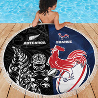 France And New Zealand Rugby Beach Blanket Les Bleus Rooster With Maori Tiki - Wonder Print Shop