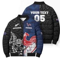 France And New Zealand Rugby Custom Bomber Puffer Jacket Les Bleus Rooster With Maori Tiki - Wonder Print Shop