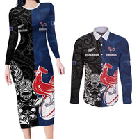France And New Zealand Rugby Custom Couples Matching Long Sleeve Bodycon Dress and Long Sleeve Button Shirt Les Bleus Rooster With Maori Tiki - Wonder Print Shop