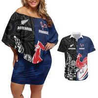 France And New Zealand Rugby Custom Couples Matching Off Shoulder Short Dress and Hawaiian Shirt Les Bleus Rooster With Maori Tiki - Wonder Print Shop