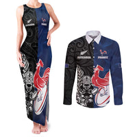 France And New Zealand Rugby Custom Couples Matching Tank Maxi Dress and Long Sleeve Button Shirt Les Bleus Rooster With Maori Tiki - Wonder Print Shop