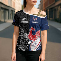 France And New Zealand Rugby Custom Cross Shoulder Shirt Les Bleus Rooster With Maori Tiki - Wonder Print Shop