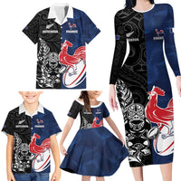 France And New Zealand Rugby Custom Family Matching Long Sleeve Bodycon Dress and Hawaiian Shirt Les Bleus Rooster With Maori Tiki - Wonder Print Shop