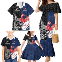 France And New Zealand Rugby Custom Family Matching Mermaid Dress and Hawaiian Shirt Les Bleus Rooster With Maori Tiki - Wonder Print Shop