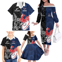 France And New Zealand Rugby Custom Family Matching Off The Shoulder Long Sleeve Dress and Hawaiian Shirt Les Bleus Rooster With Maori Tiki - Wonder Print Shop