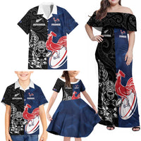 France And New Zealand Rugby Custom Family Matching Off Shoulder Maxi Dress and Hawaiian Shirt Les Bleus Rooster With Maori Tiki - Wonder Print Shop