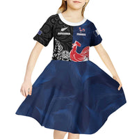France And New Zealand Rugby Custom Kid Short Sleeve Dress Les Bleus Rooster With Maori Tiki - Wonder Print Shop