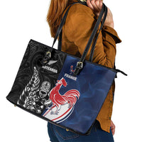 France And New Zealand Rugby Leather Tote Bag Les Bleus Rooster With Maori Tiki - Wonder Print Shop