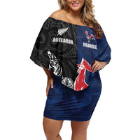 France And New Zealand Rugby Custom Off Shoulder Short Dress Les Bleus Rooster With Maori Tiki - Wonder Print Shop
