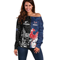 France And New Zealand Rugby Custom Off Shoulder Sweater Les Bleus Rooster With Maori Tiki - Wonder Print Shop