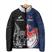 France And New Zealand Rugby Custom Padded Jacket Les Bleus Rooster With Maori Tiki - Wonder Print Shop