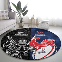 France And New Zealand Rugby Round Carpet Les Bleus Rooster With Maori Tiki - Wonder Print Shop