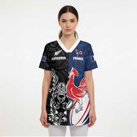 France And New Zealand Rugby Custom Scrub Top Les Bleus Rooster With Maori Tiki - Wonder Print Shop
