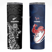 France And New Zealand Rugby Custom Skinny Tumbler Les Bleus Rooster With Maori Tiki - Wonder Print Shop