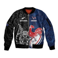 France And New Zealand Rugby Custom Sleeve Zip Bomber Jacket Les Bleus Rooster With Maori Tiki - Wonder Print Shop