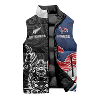 France And New Zealand Rugby Custom Sleeveless Puffer Jacket Les Bleus Rooster With Maori Tiki - Wonder Print Shop