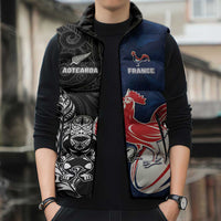France And New Zealand Rugby Custom Sleeveless Puffer Jacket Les Bleus Rooster With Maori Tiki - Wonder Print Shop