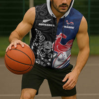 France And New Zealand Rugby Custom Sleeveless Zip Hoodie Les Bleus Rooster With Maori Tiki - Wonder Print Shop