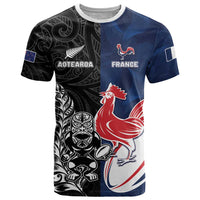 France And New Zealand Rugby Custom T Shirt Les Bleus Rooster With Maori Tiki - Wonder Print Shop