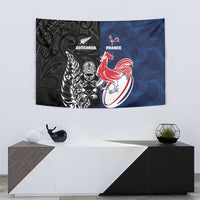 France And New Zealand Rugby Tapestry Les Bleus Rooster With Maori Tiki - Wonder Print Shop