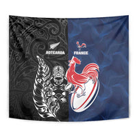 France And New Zealand Rugby Tapestry Les Bleus Rooster With Maori Tiki - Wonder Print Shop