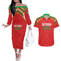 Custom Guyana Cricket Couples Matching Off The Shoulder Long Sleeve Dress and Hawaiian Shirt Go Amazon Warriors