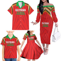 Custom Guyana Cricket Family Matching Off The Shoulder Long Sleeve Dress and Hawaiian Shirt Go Amazon Warriors