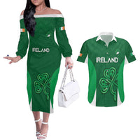 Custom Ireland Rugby Couples Matching Off The Shoulder Long Sleeve Dress and Hawaiian Shirt Irish Celtic Shamrock