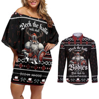 Funny Vikings Christmas Couples Matching Off Shoulder Short Dress and Long Sleeve Button Shirt Falalalala Valhalla LT05 - Wonder Print Shop