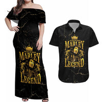 Reggae King Marley Couples Matching Off Shoulder Maxi Dress and Hawaiian Shirt Gold Lion